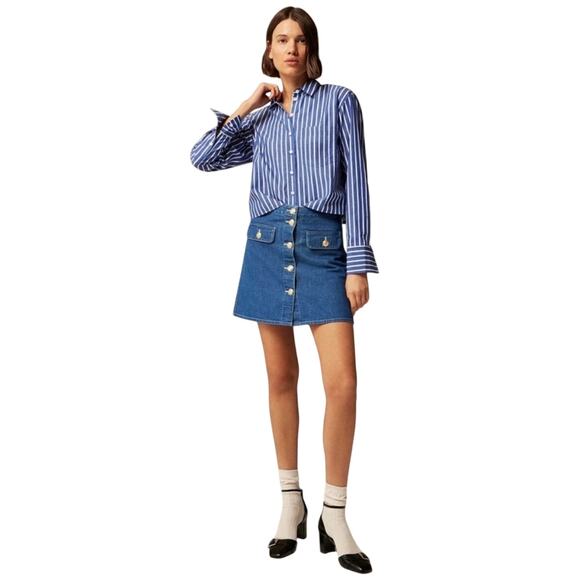 J.Crew Button Front Denim Mini Skirt Blue Gold Crest Buttons Size 4 NWOT - Picture 2 of 8